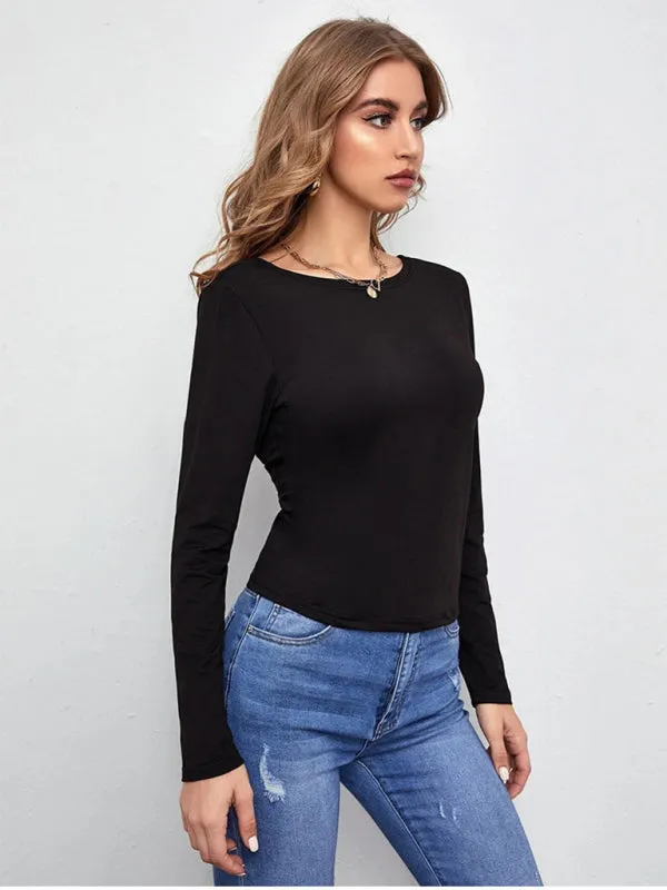 Women's Open Back Bottom Tie Long Sleeve Top