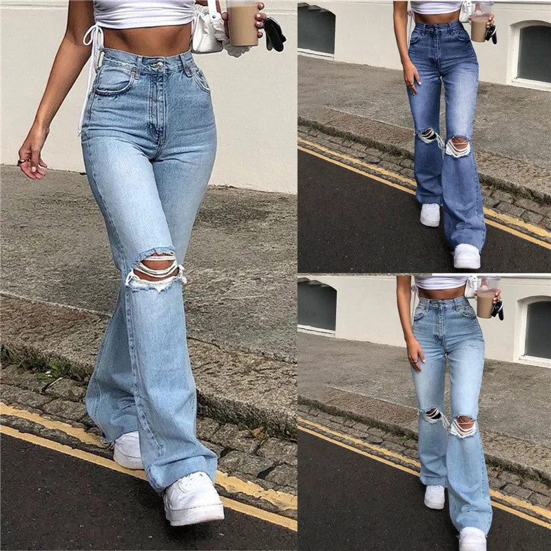 Women's Ripped Jeans Knee Destroyed Flare Bell Bottom Jeans