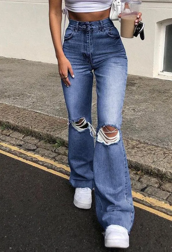 Women's Ripped Jeans Knee Destroyed Flare Bell Bottom Jeans