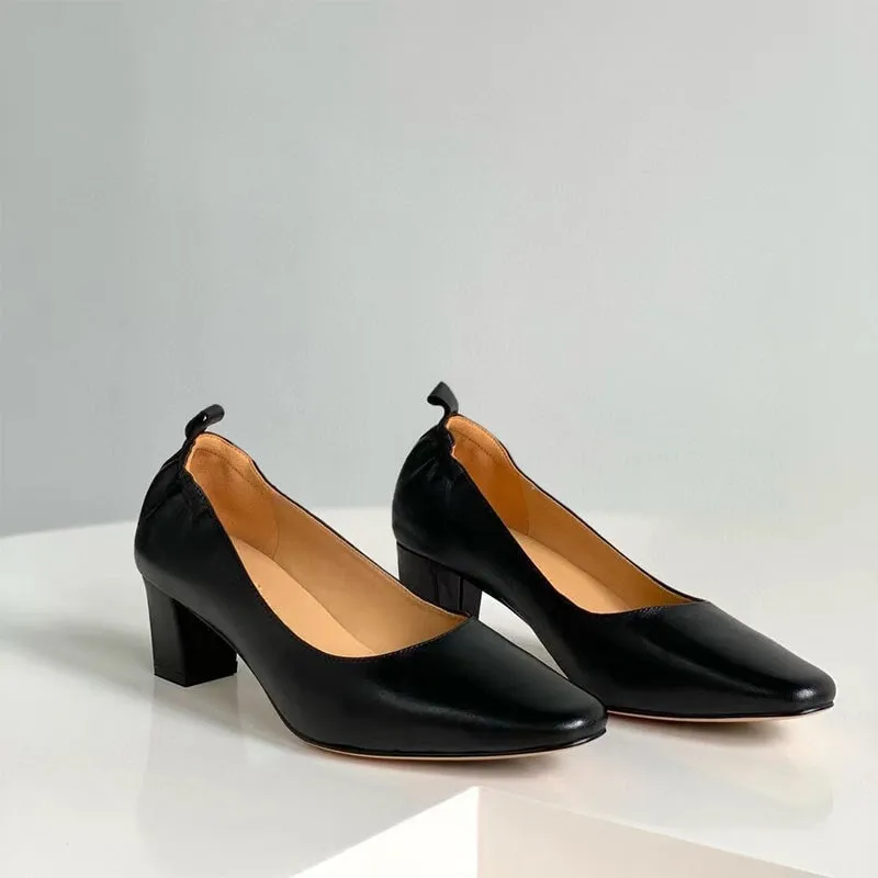 Women's Square-Toe Block Heel Genuine Leather Pumps – For Work And Casual Wear